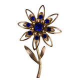 Large Gold Tone Blue Rhinestone Flower Brooch Pin Vintage Pressed Metal Design