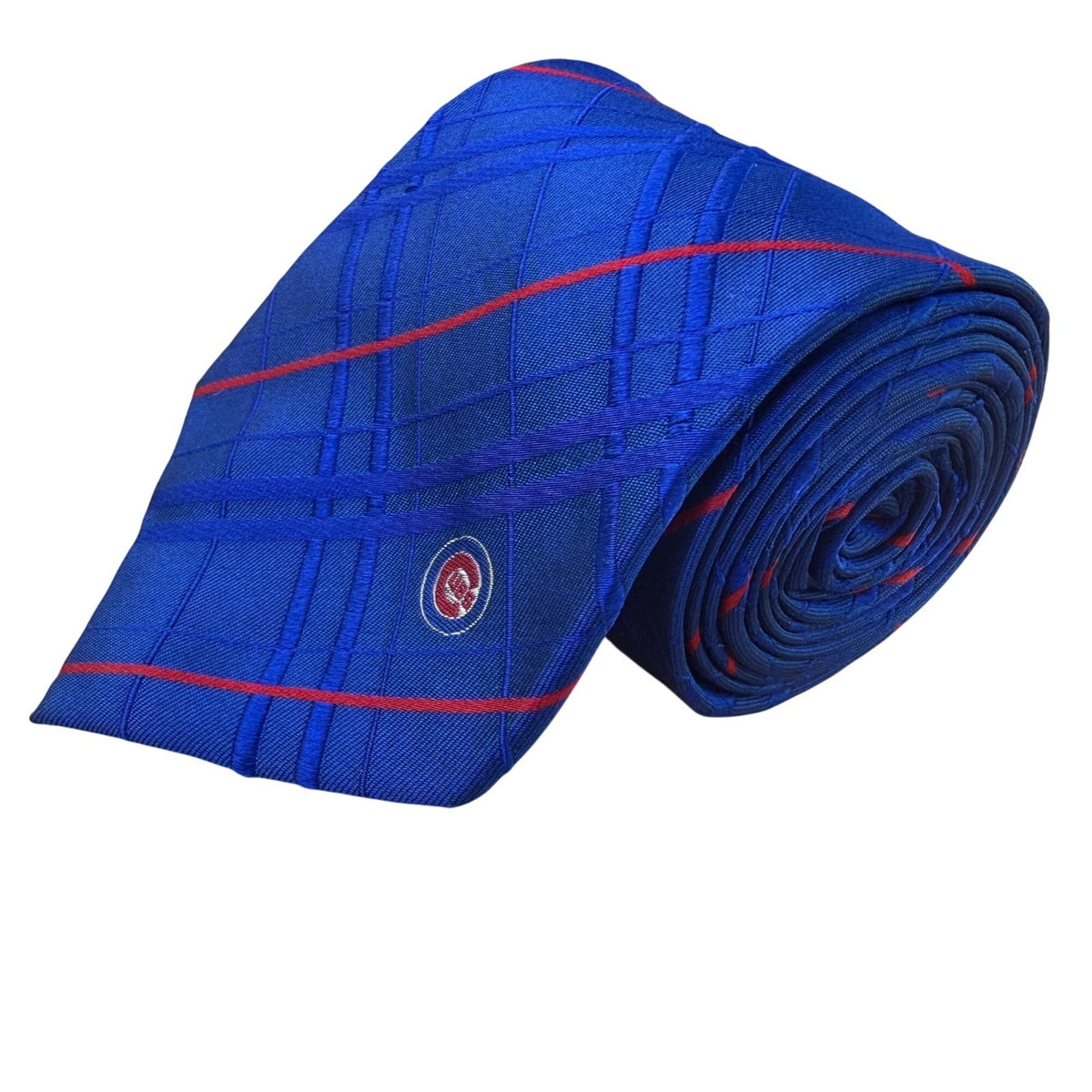 MLB Mens Blue Silk Tie With Plaid Design & Chicago Cubs Logo 100% Silk
