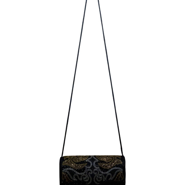 Milor Women’s Black & Gold Beaded Cylindrical Floral Design Shoulder Bag Clutch