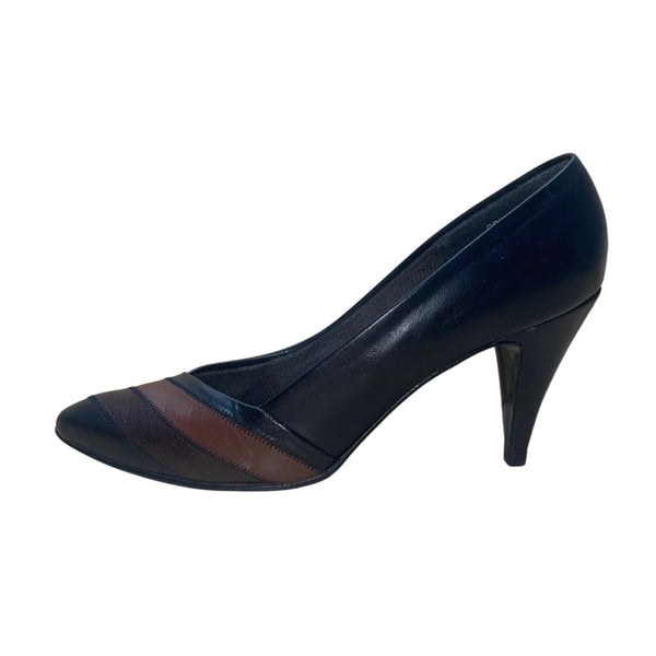Joyce Women’s Black & Brown Leather Striped Toe Mid Vogue Heels Size 8N