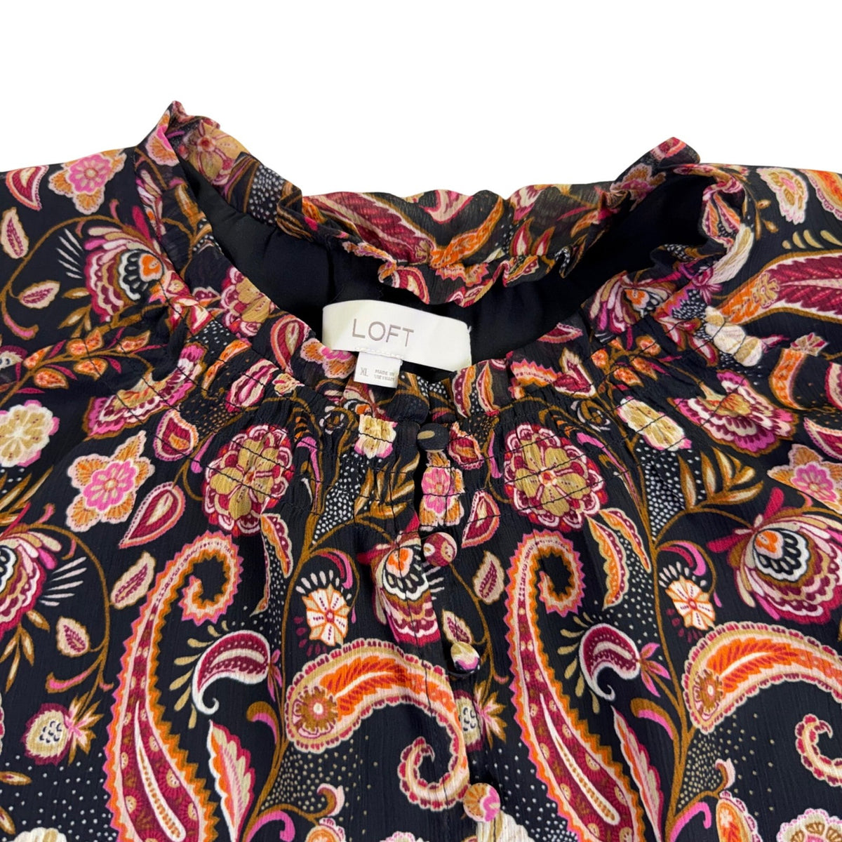 Loft Womens Black & Pink Paisley Print Long Sleeve Smocked Top Size XL