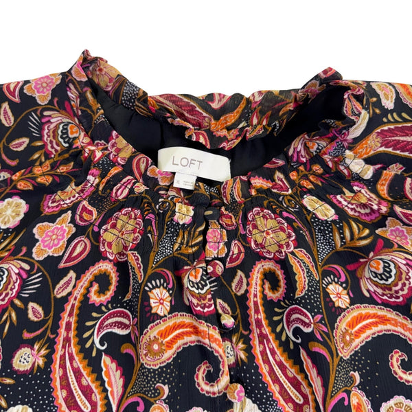 Loft Womens Black & Pink Paisley Print Long Sleeve Smocked Top Size XL