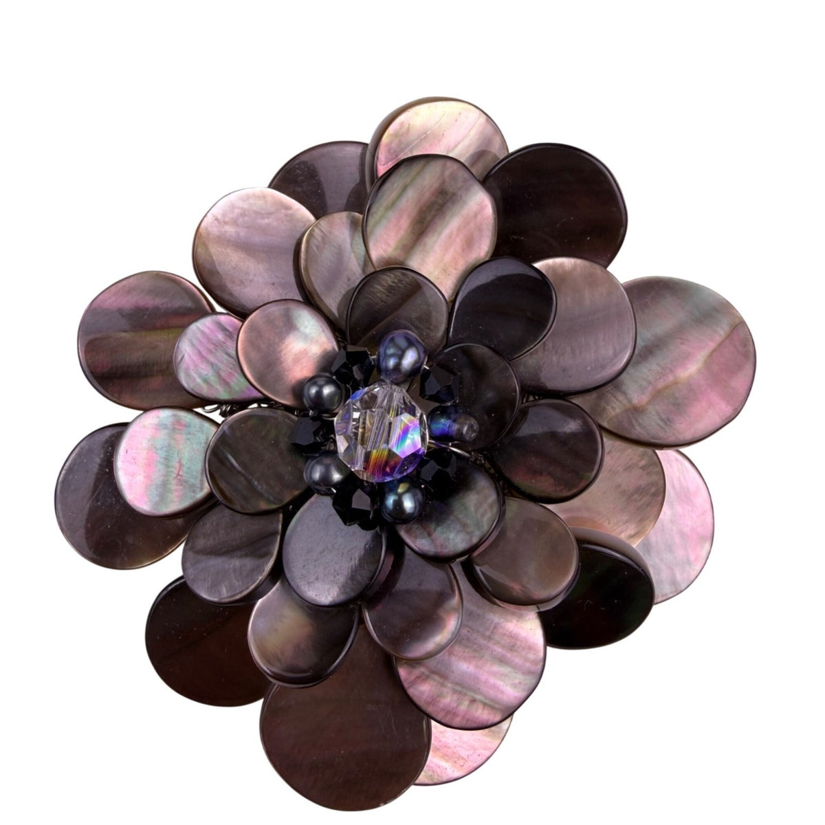 Mother Of Pearl Floral Brooch Black Iridescent Faceted Stone Centerpiece