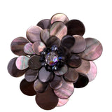 Mother Of Pearl Floral Brooch Black Iridescent Faceted Stone Centerpiece