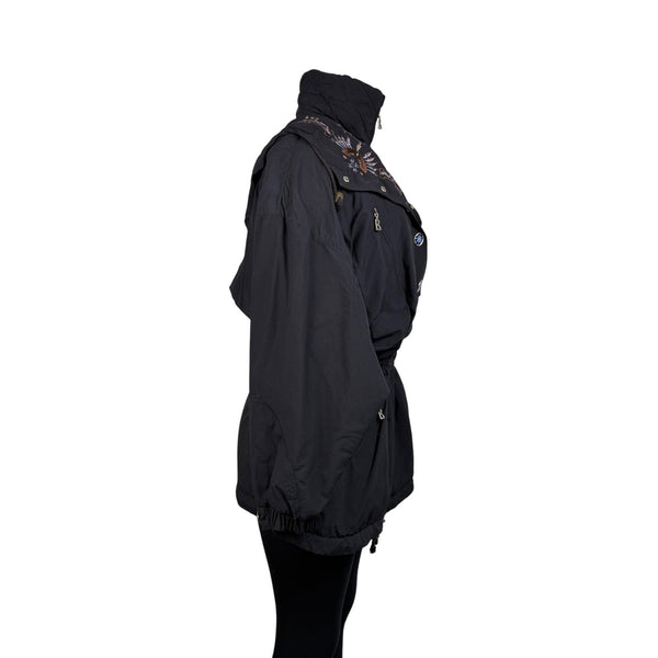 Bogner Womens Black Nylon Embroidered Hooded Jacket Stylish Winter Coat Size 12