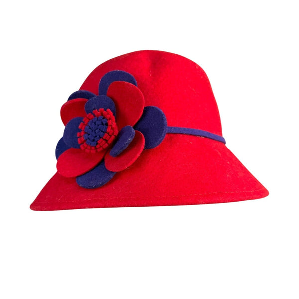 Something Special Womens Red Wool Bucket Hat Floral Accent Blue Trim
