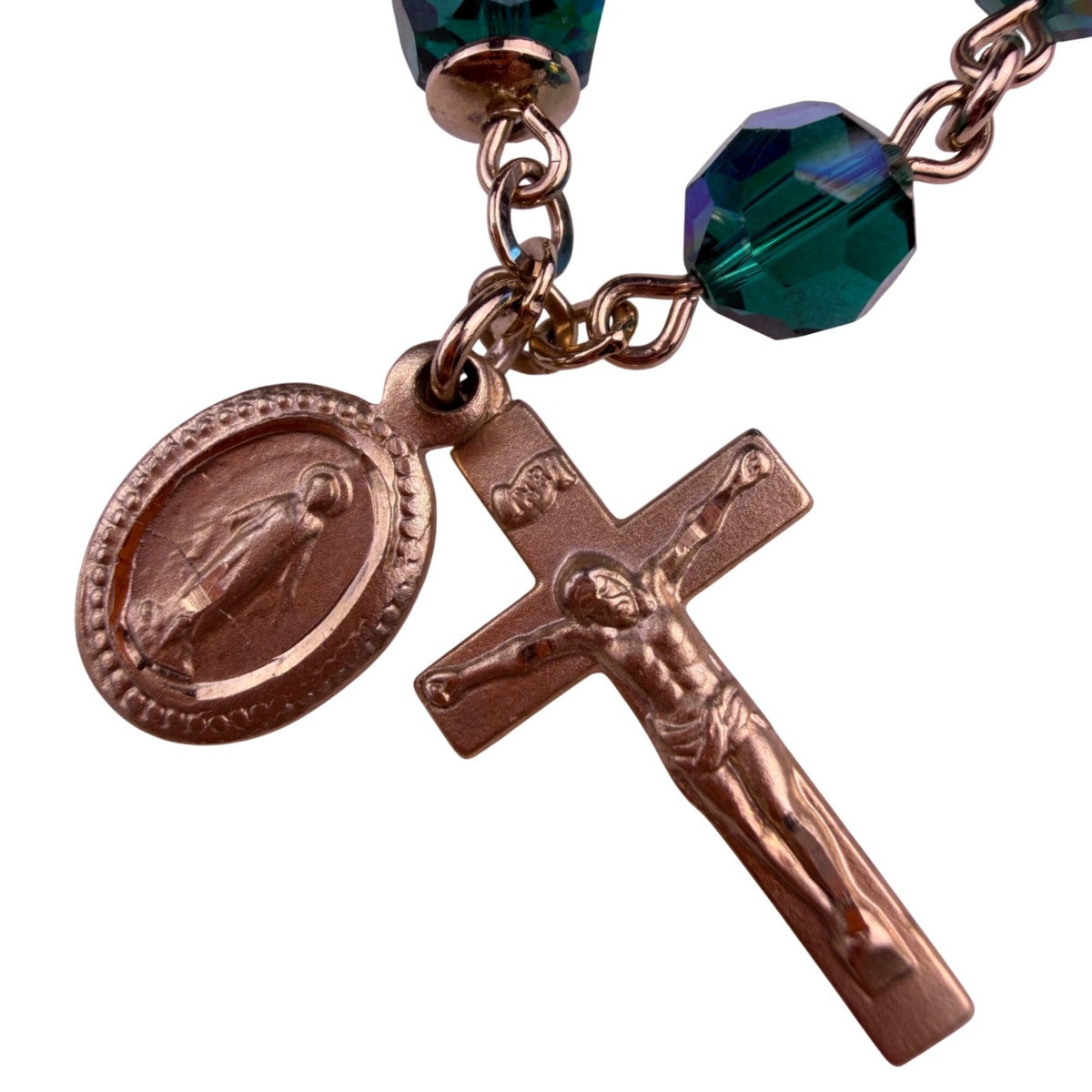 Rosary Bracelet Women Green Crystal Beads Gold Tone Crucifix Religious Charm