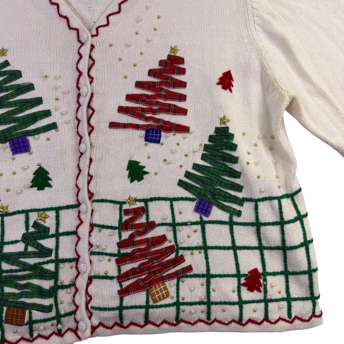Studio Joy Womens White Holiday Cardigan Embellished Trees Design Sz 3X