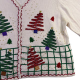 Studio Joy Womens White Holiday Cardigan Embellished Trees Design Sz 3X
