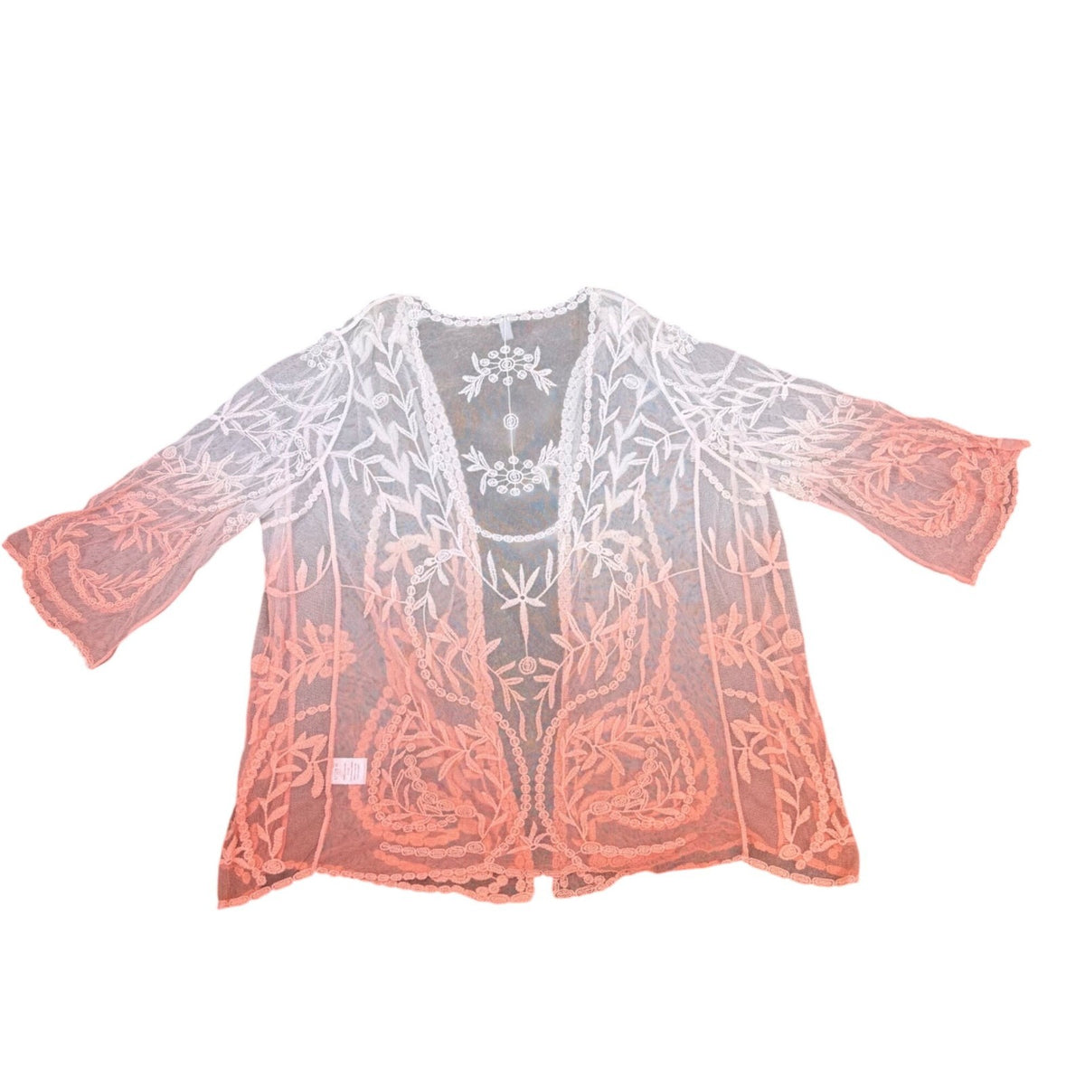 Nina Leonard Womens White & Coral Sheer Lace Embroidered Kimono Cardigan Sz 2X