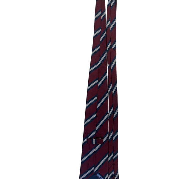 Lands End Mens Burgundy Navy & White 100% Silk Striped Tie Handsewn Classic