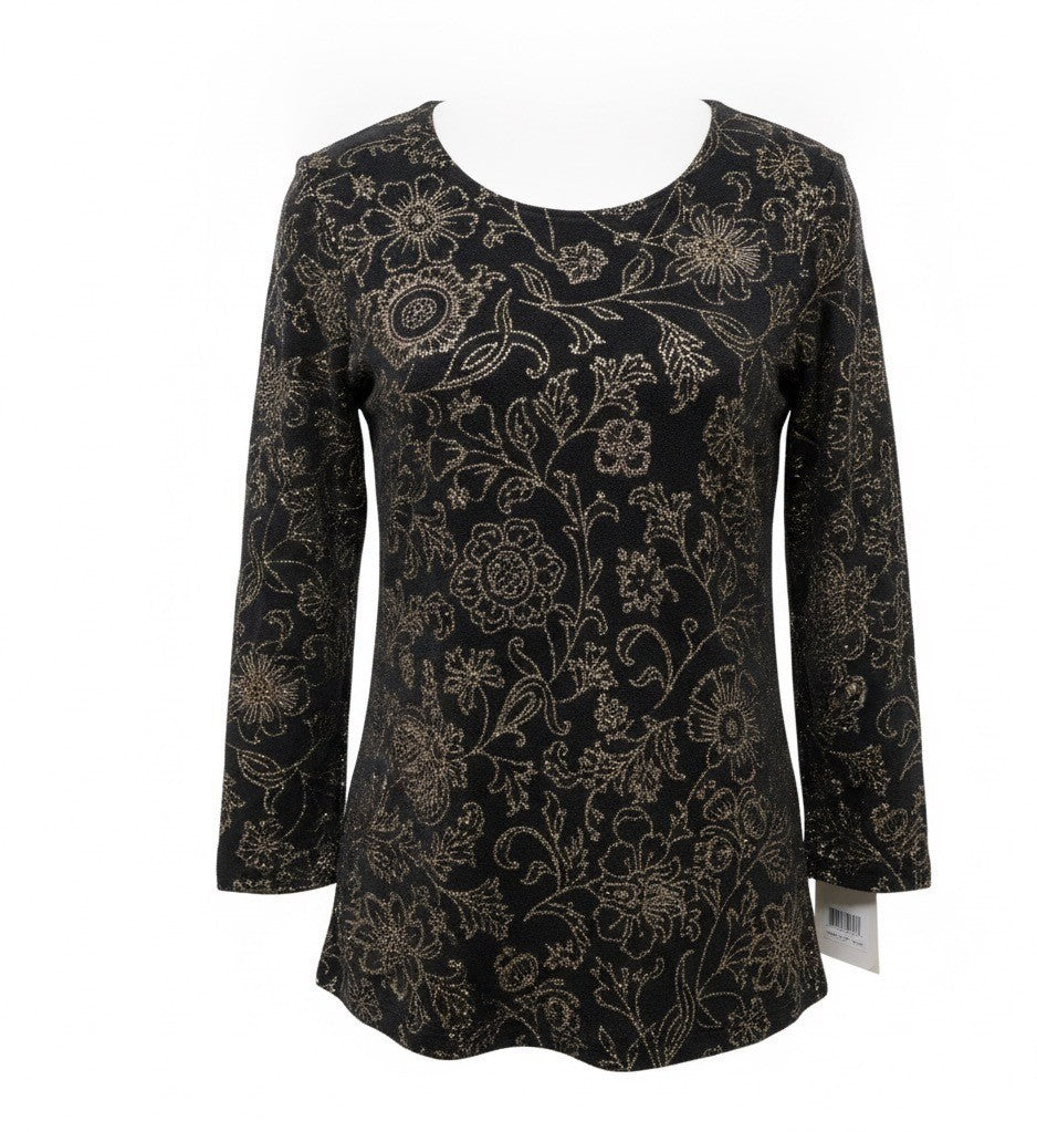 Notations Womens Black Floral Stretch Blouse Glitter Accents Size S