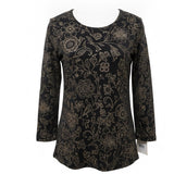 Notations Womens Black Floral Stretch Blouse Glitter Accents Size S