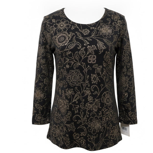 Notations Womens Black Floral Stretch Blouse Glitter Accents Size S