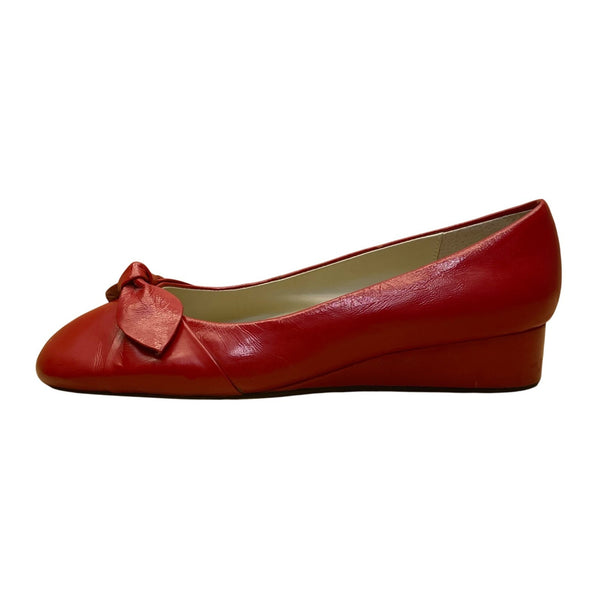 Lazio Collezione Women’s Red Leather Bow Slip-On Jade Wedge Pumps Size 7.5M