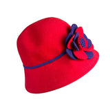 Something Special Womens Red Wool Bucket Hat Floral Accent Blue Trim
