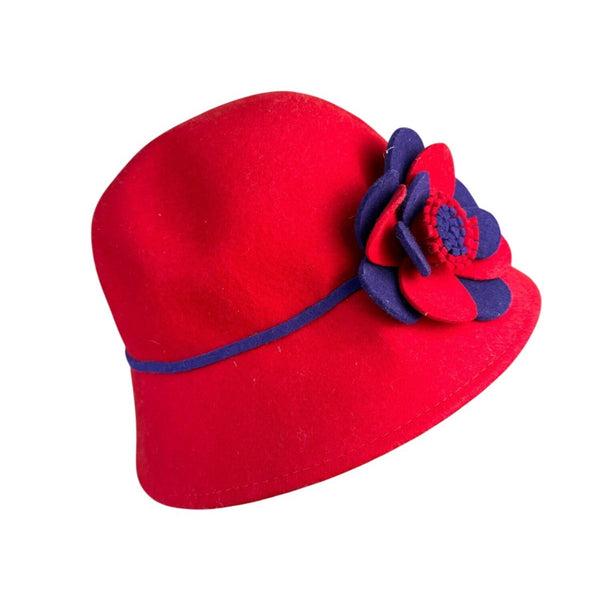 Something Special Womens Red Wool Bucket Hat Floral Accent Blue Trim
