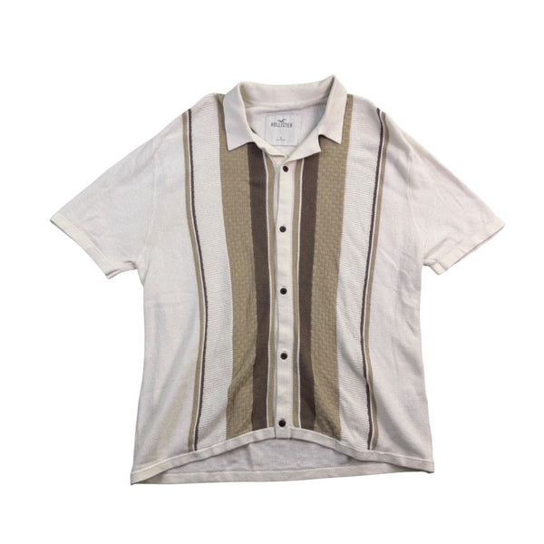 Hollister Mens Beige/Brown Stripe Button-Down Knit Short-Sleeve Shirt Size L