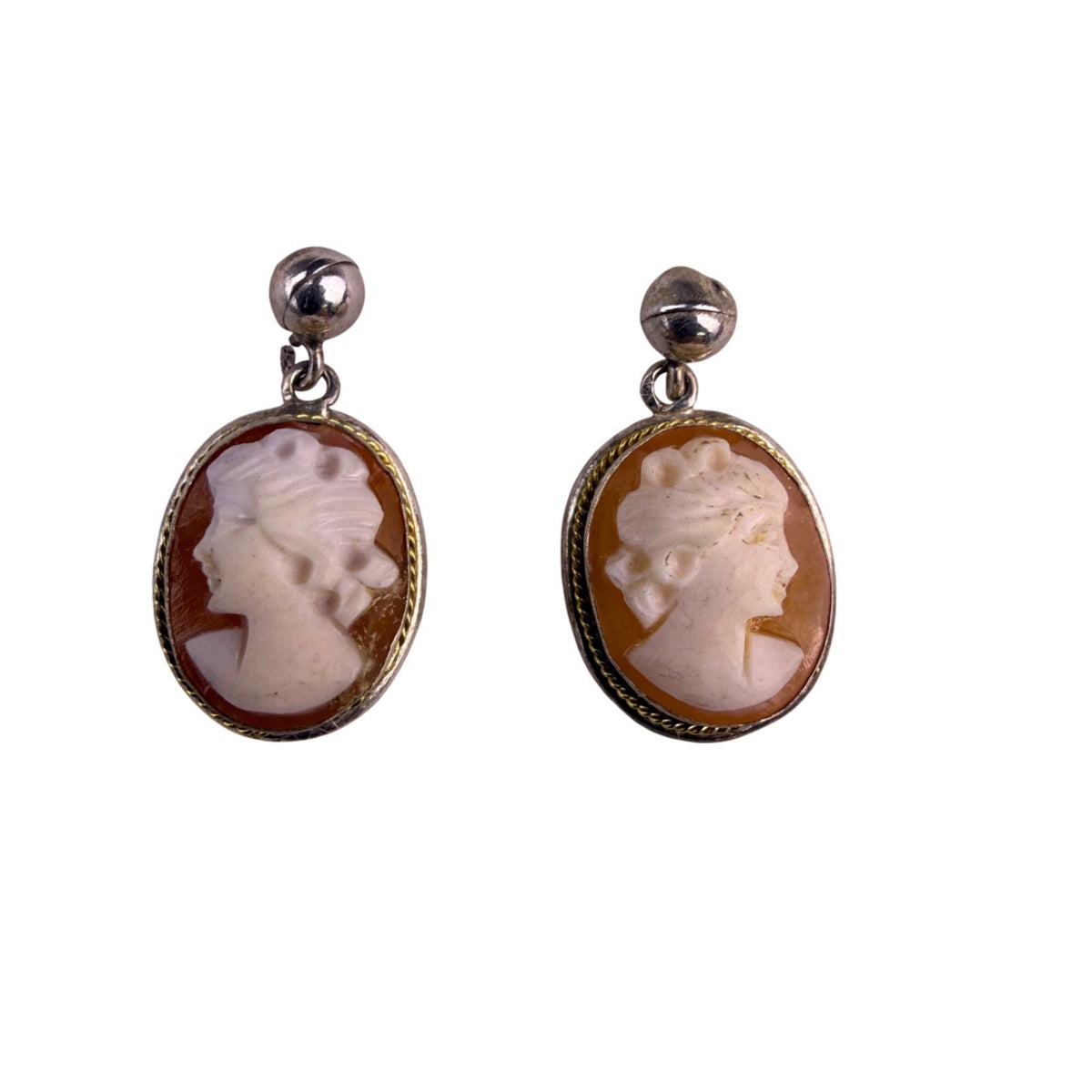 Sterling Silver 925 Vintage Cameo Necklace & Earrings Set Hand-Carved Antique