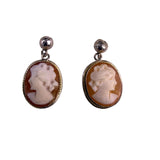 Sterling Silver 925 Vintage Cameo Necklace & Earrings Set Hand-Carved Antique