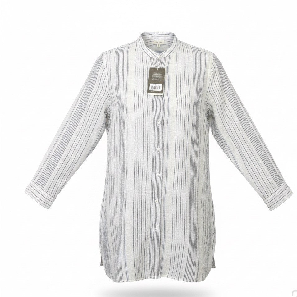 Garnet Hill Womens White/Blue Linen Striped Long Sleeve Shirt Button Front Sz XL