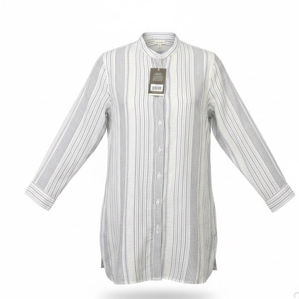 Garnet Hill Womens White/Blue Linen Striped Long Sleeve Shirt Button Front Sz XL