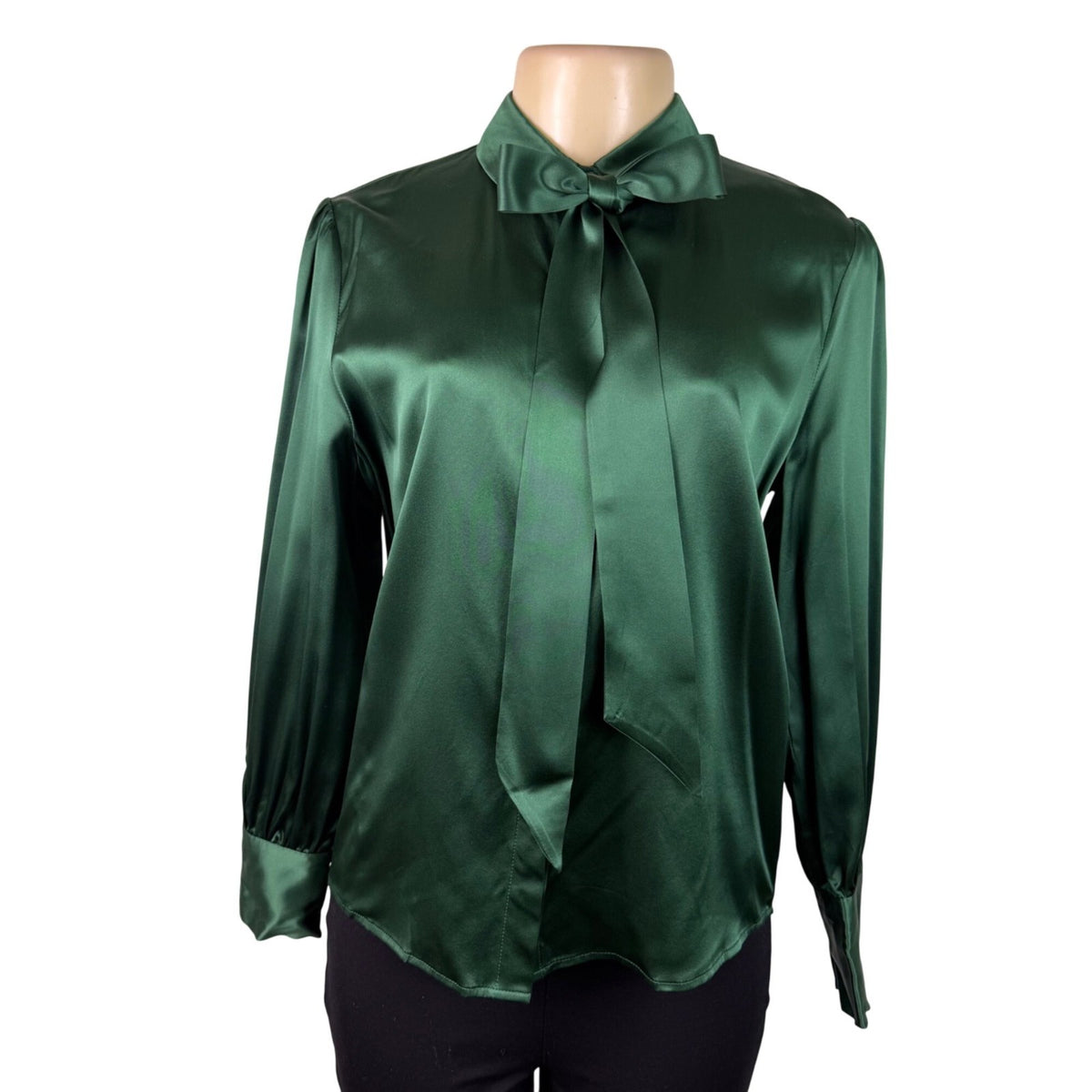 LilySilk Womens Green Mulberry Silk Bow-Tie Blouse Satin Button Cuffs Sz M