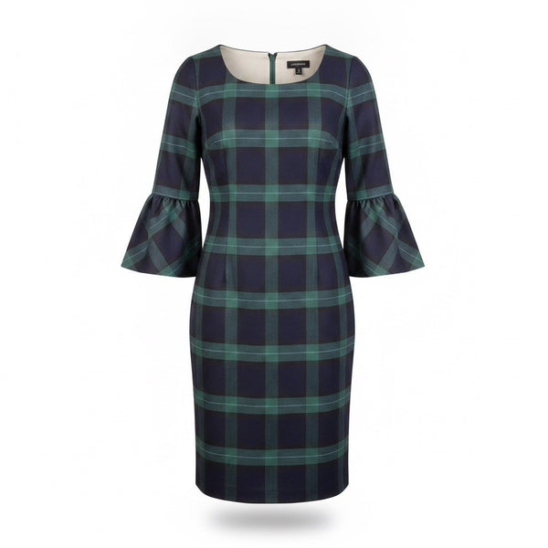 Talbots Womens Navy Green Plaid Wool Polyester Blend Bell Sleeve Dress Size 4