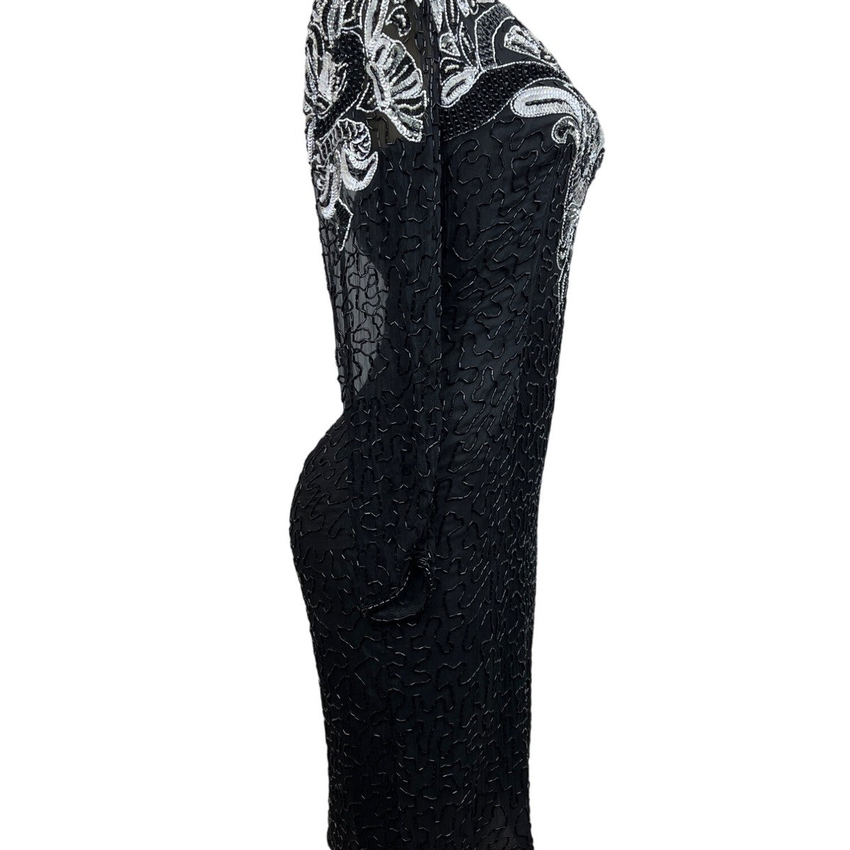 Black & Silver Sequin Beaded Womens Dress Long Sleeve Elegant Design Size M