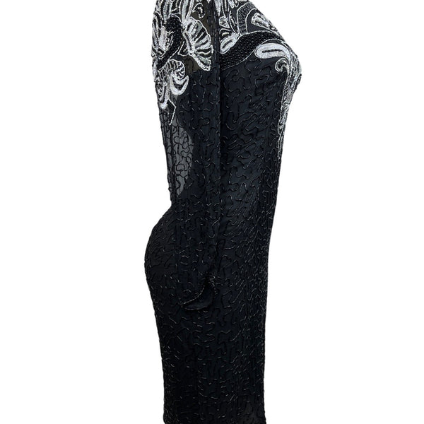 Black & Silver Sequin Beaded Womens Dress Long Sleeve Elegant Design Size M