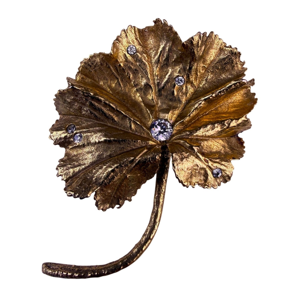 Michael Michaud Womens Gold Tone Brooch Ladys Mantle Leaf With Clear Crystals