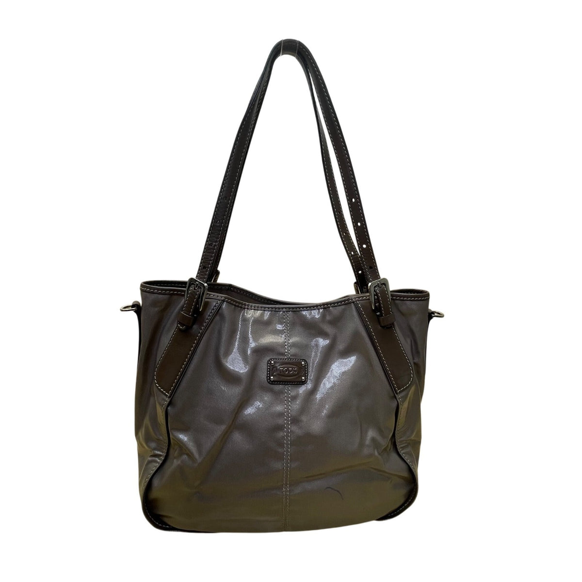 Tods Women’s Gray Patent & Brown Double Strap Signature Logo Accent Tote Bag