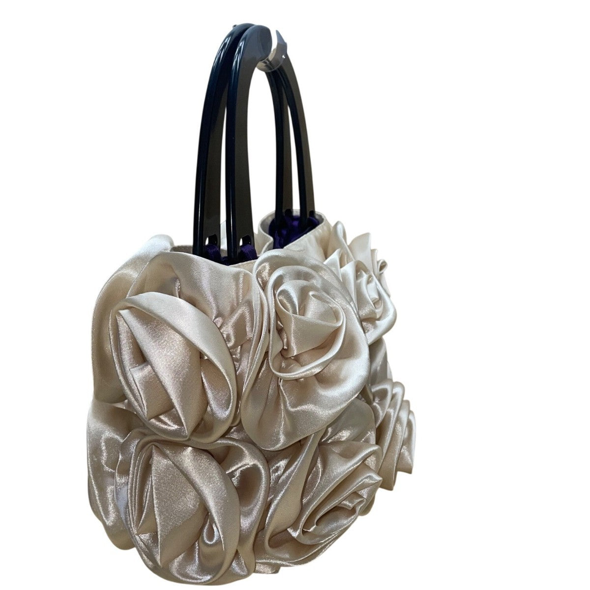 For Your Ease Only Women’s Ivory Floral Rose Satin With Black Handles Handbag