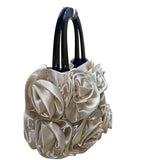 For Your Ease Only Women’s Ivory Floral Rose Satin With Black Handles Handbag