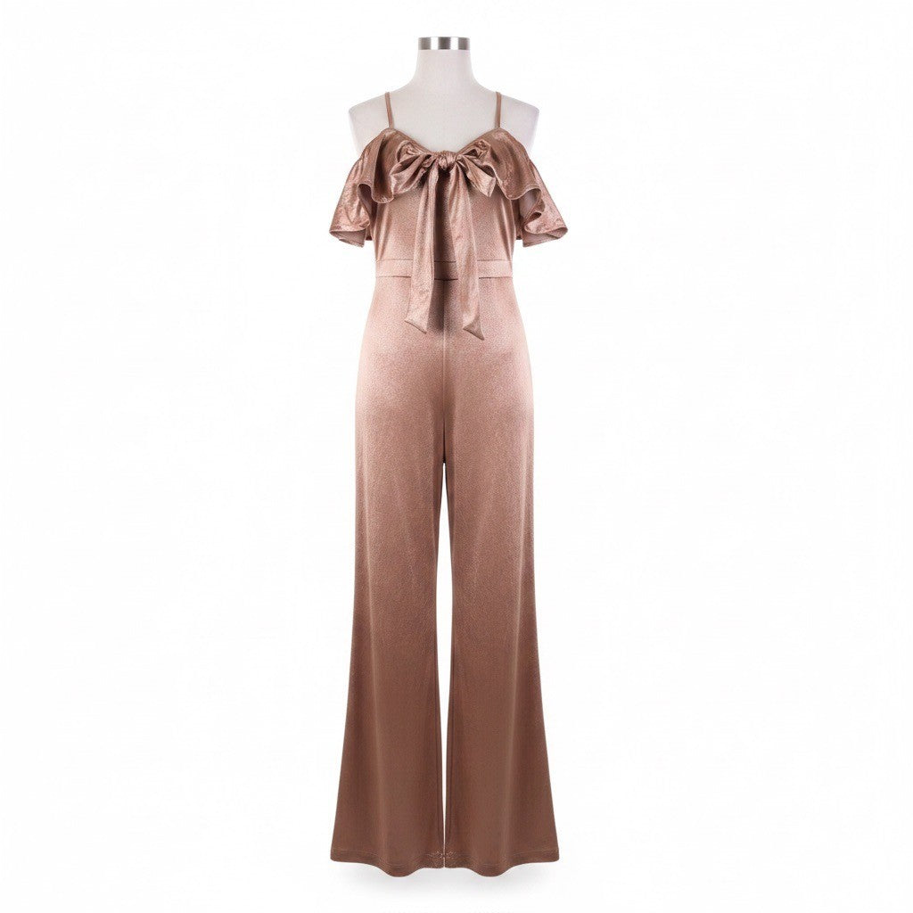 Fashion Nova Women Rose Gold Off-The-Shoulder Ruffle Jumpsuit Size M
