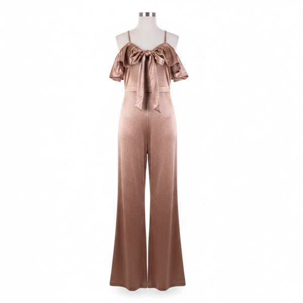 Fashion Nova Women Rose Gold Off-The-Shoulder Ruffle Jumpsuit Size M