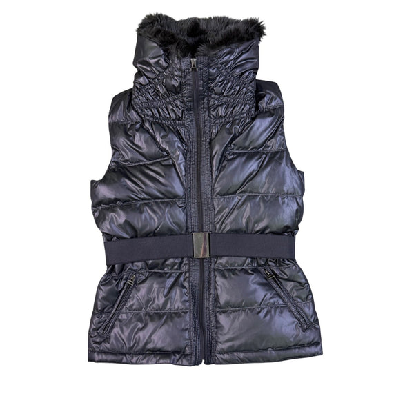 Zara Basic Womens Black Down Puffer Vest Faux Fur Collar Belted Quilted Size M