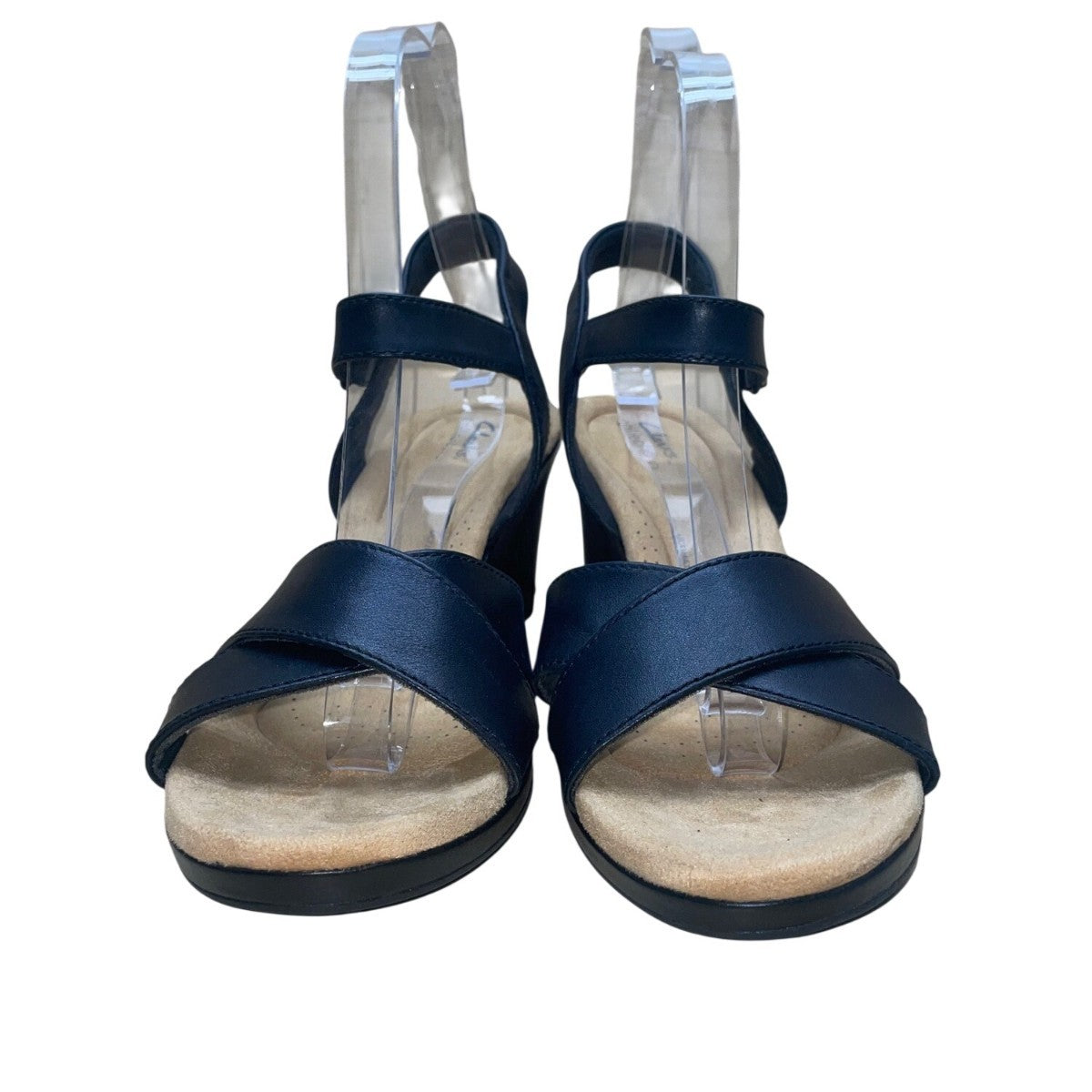 Clarks Women’s Black Leather Adhesive Strap Tulip Gem Wedge Sandals Size 11M