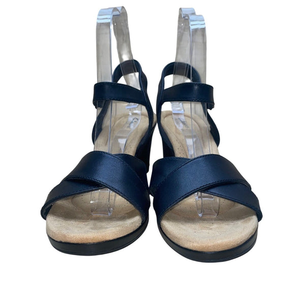 Clarks Women’s Black Leather Adhesive Strap Tulip Gem Wedge Sandals Size 11M
