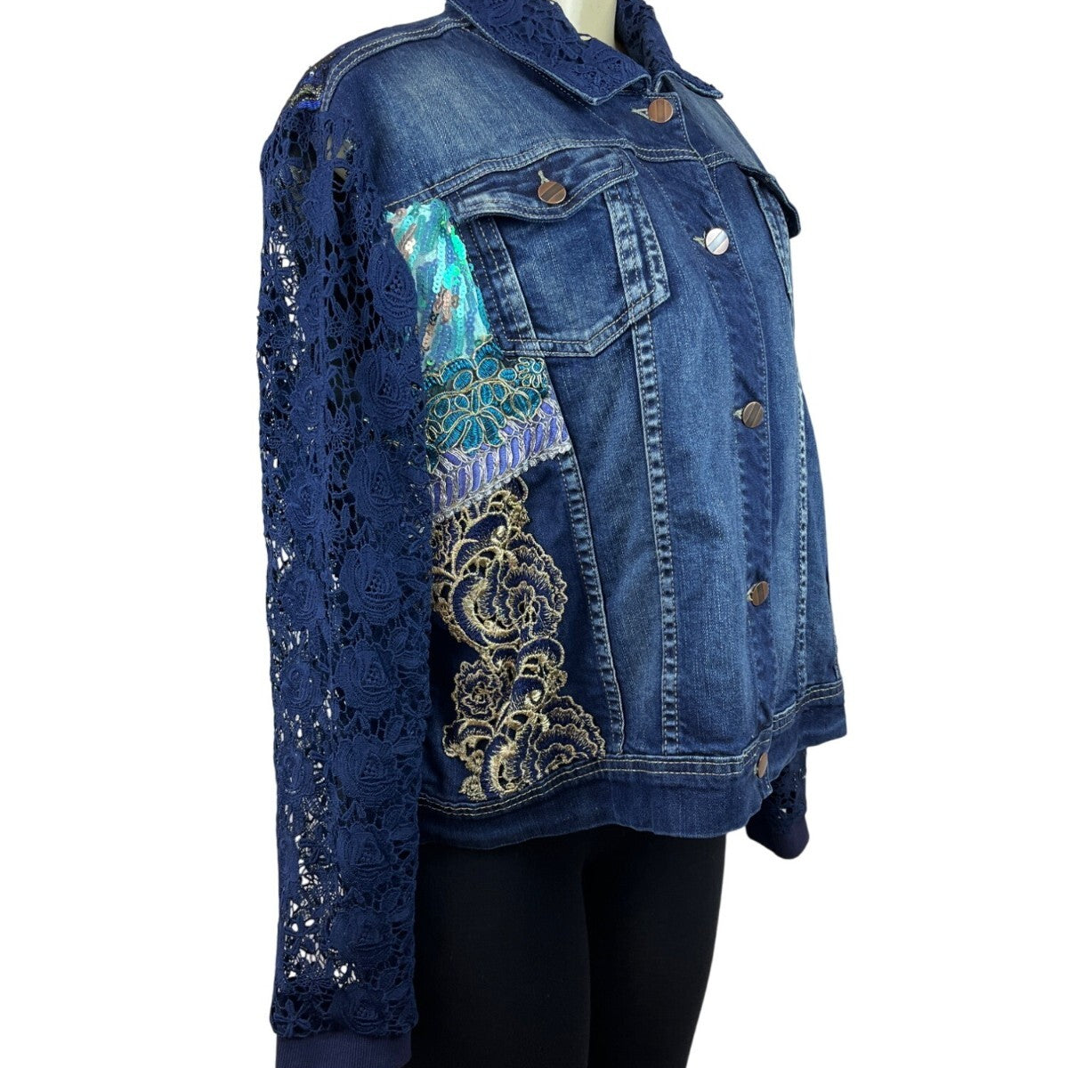 Berek Womens Medium Denim Jacket With Lace Sleeves Size 1X