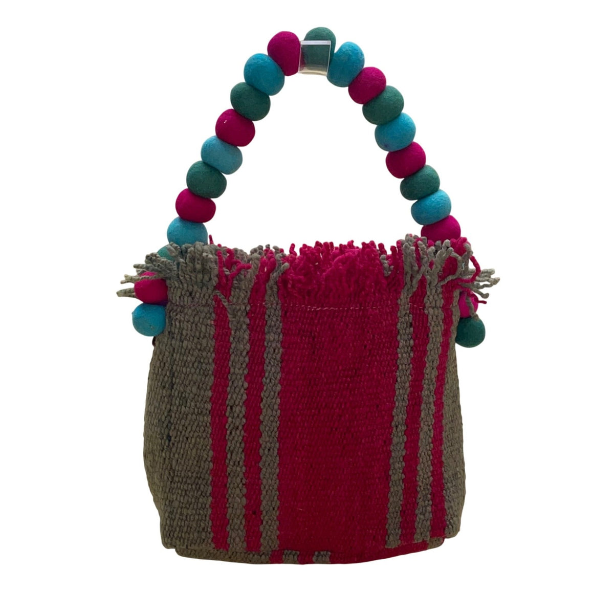 Handmade Women’s Pink & Brown Knitted Floral Design  Handbag With Beaded Handle