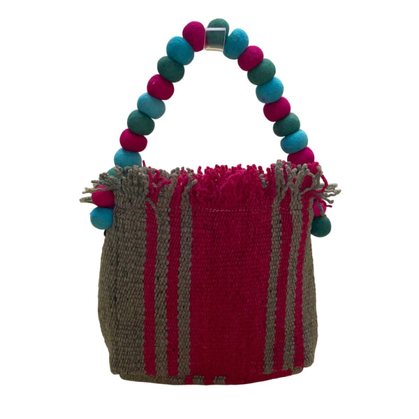 Handmade Women’s Pink & Brown Knitted Floral Design  Handbag With Beaded Handle