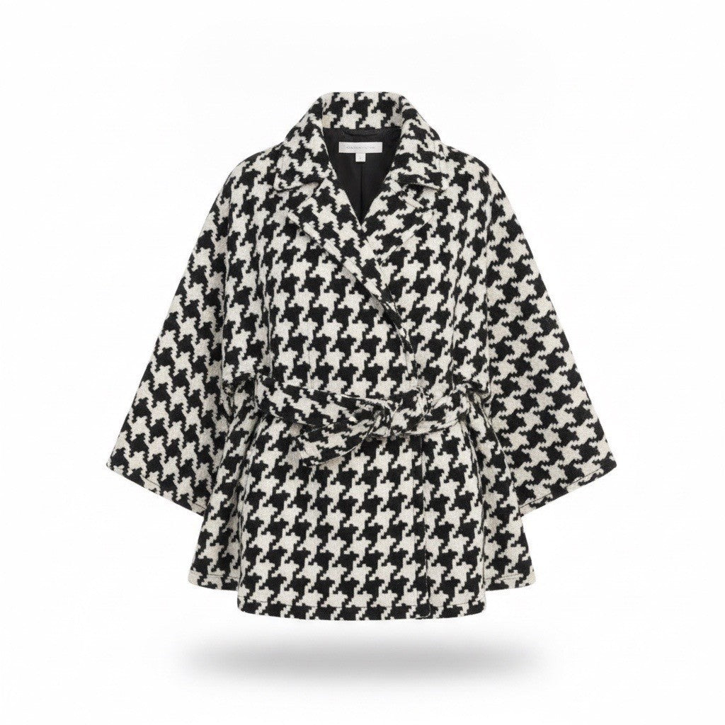 New York & Company Womens Black & White Houndstooth Belted Cape Jacket M