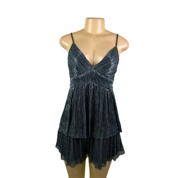 Trixxi Womens Green Metallic Layered Fit & Flare Mini Dress Sz S
