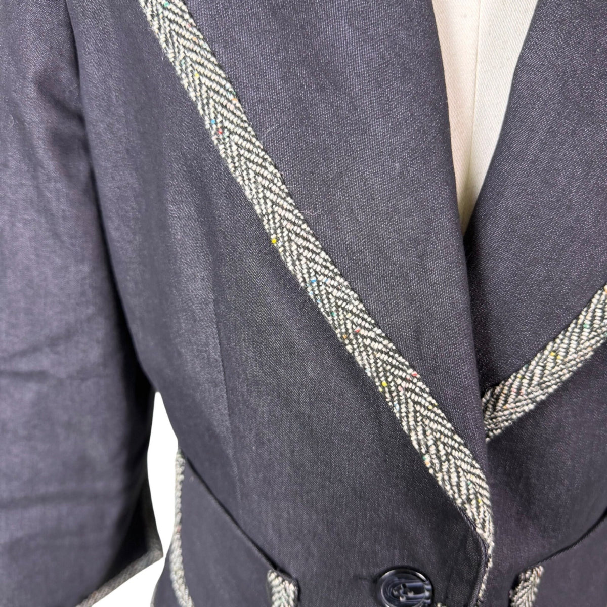 Donna Rae Womens Black Cotton Blend Jacket Textured Trim Single Button Size 10