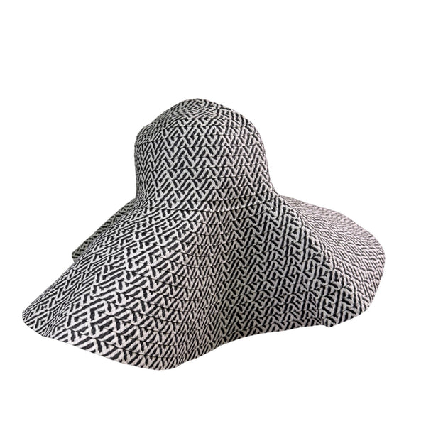 Wide Brim Black & White Cotton Womens Summer Sun Hat With Geometric Print