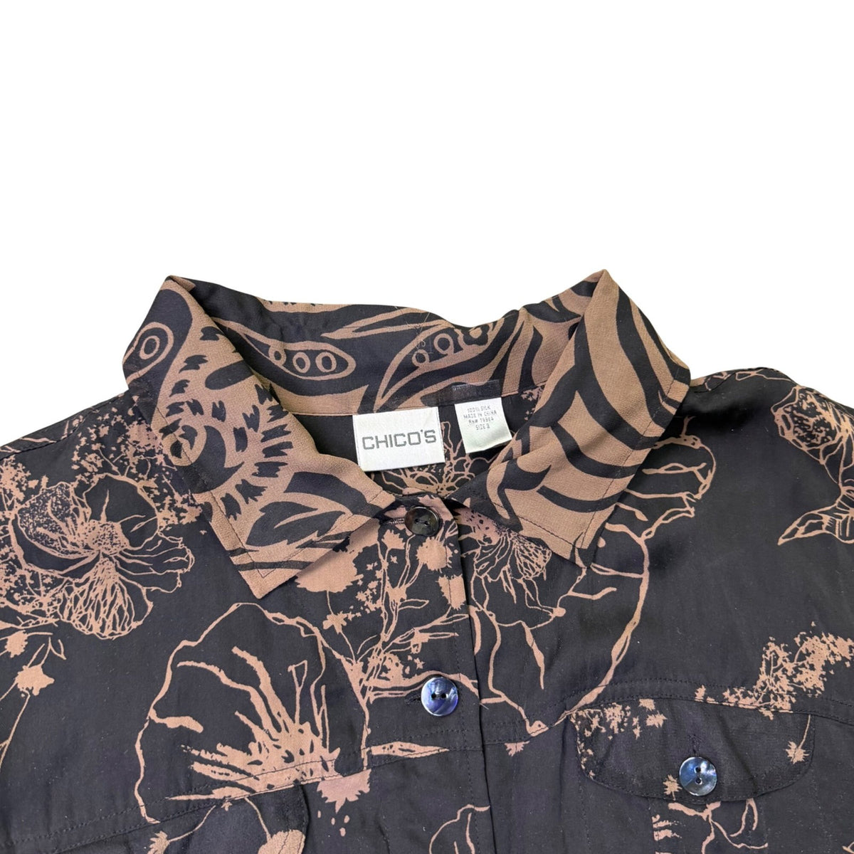Chicos Womens Black & Brown 100% Silk Button-Up Floral Blouse Shirt Size 3