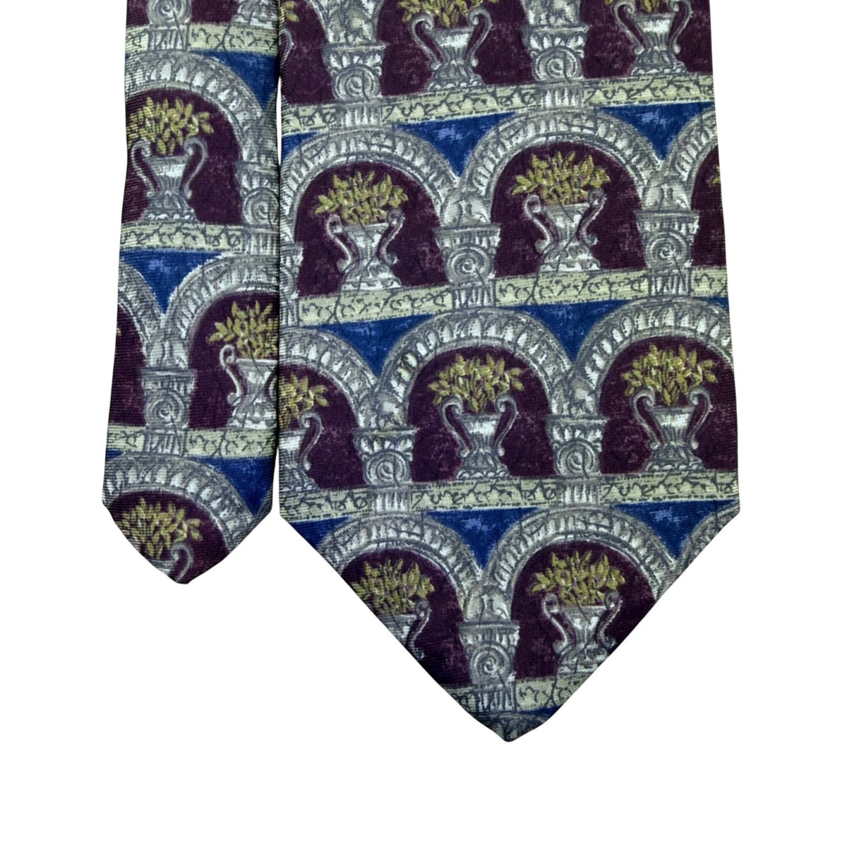 Bill Blass Mens Burgundy/Gold/Blue 100% Silk Patterned Necktie With Arch Motif