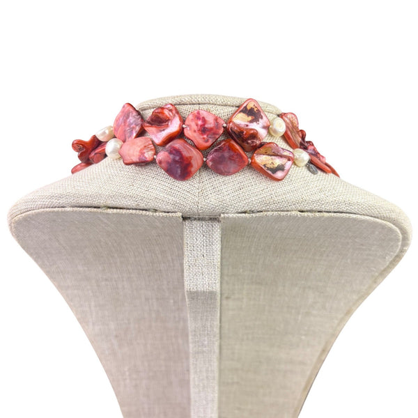 Red Pink Handmade Womens Long Shell Beaded Necklace Unique & Stylish Design