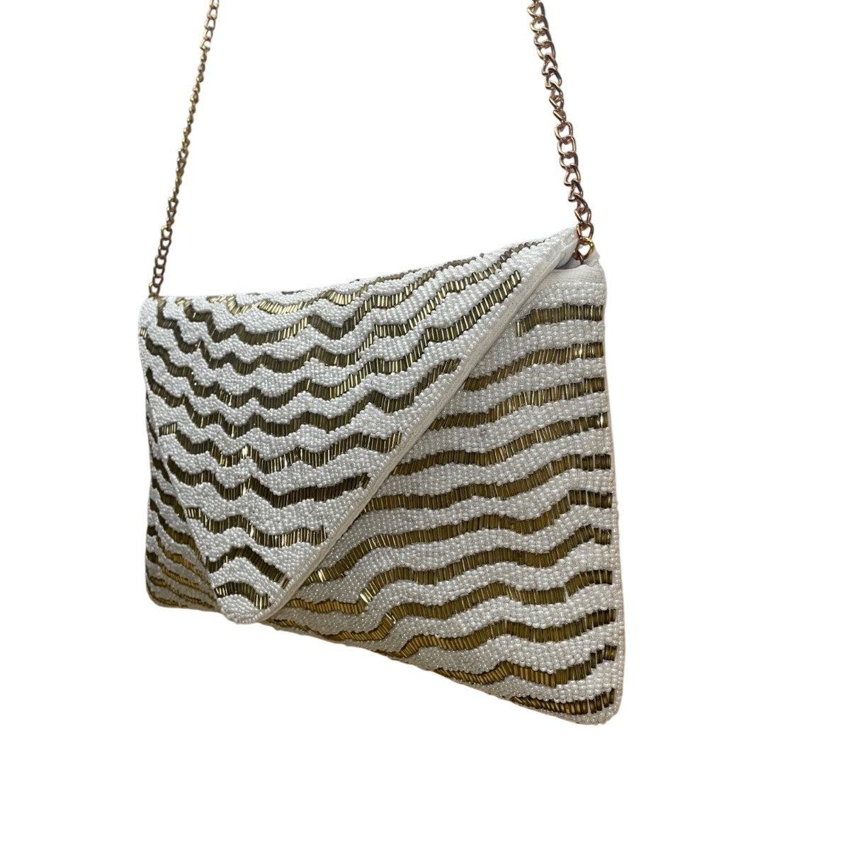 White & Gold Zigzag Pattern  Beaded Envelope Clutch with Chain Strap